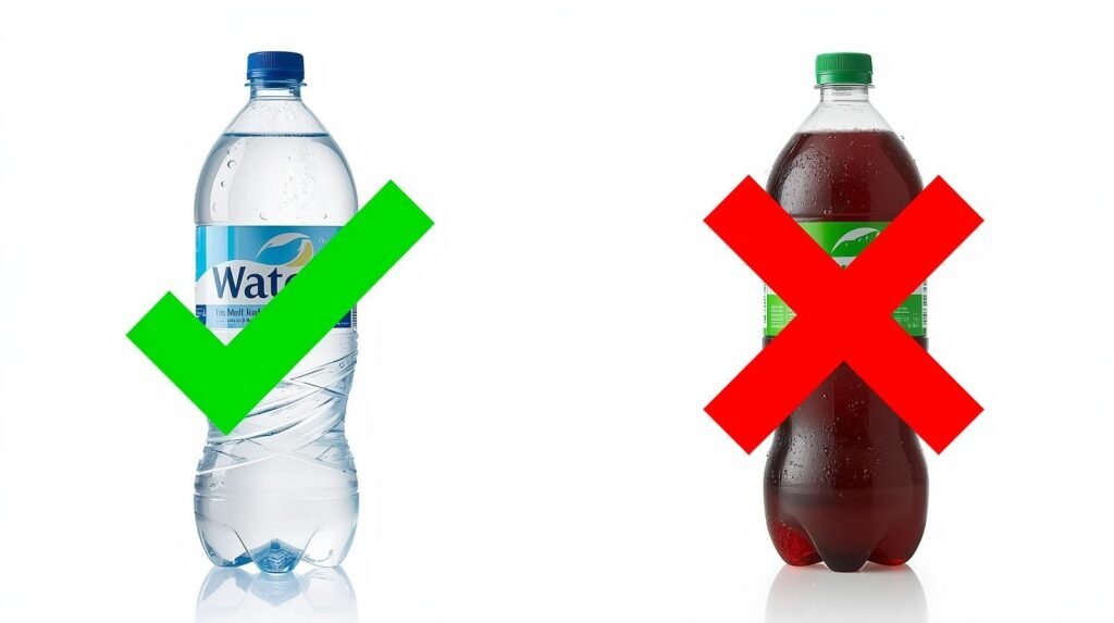 Water bottle with green checkmark next to soda bottle with red ex.