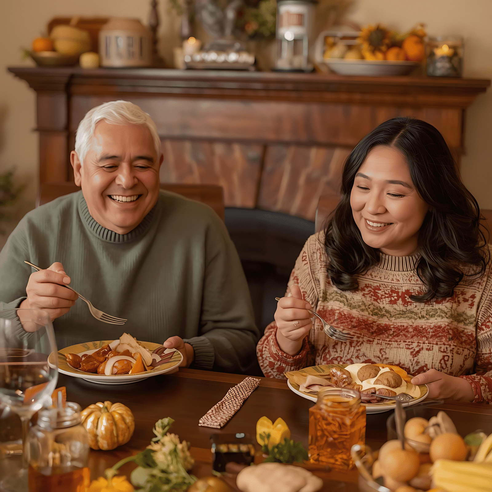 Man and woman mindful eating for Thanksgiving