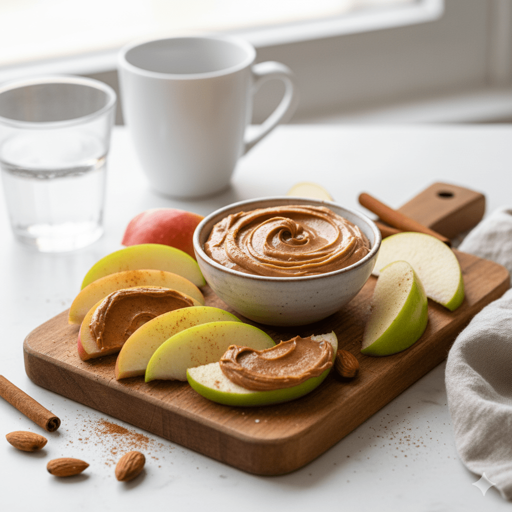 apple slices with almond butter on a wooden cutting board
