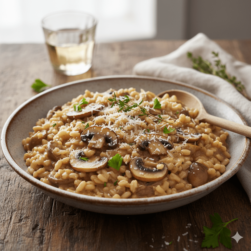 bowl of barley risotto on a wooden table