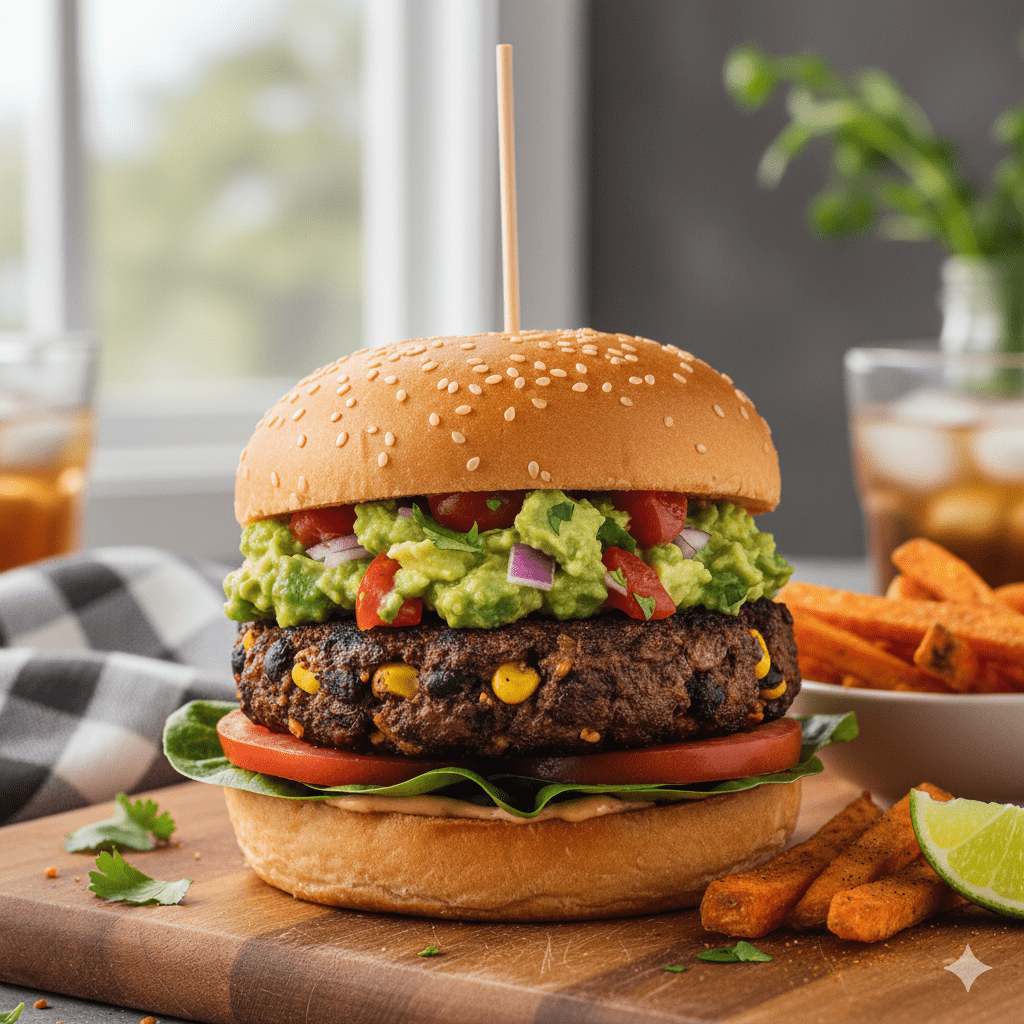 black bean burger on a wooden cutting board with sweet potato fries