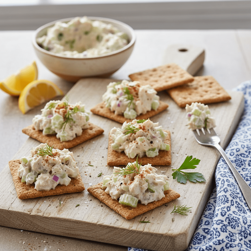 Greek Yogurt Tuna Salad on Whole-Wheat Crackers.
