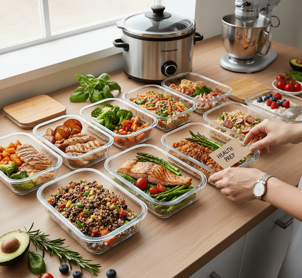 full meal prep containers on a wood counter.